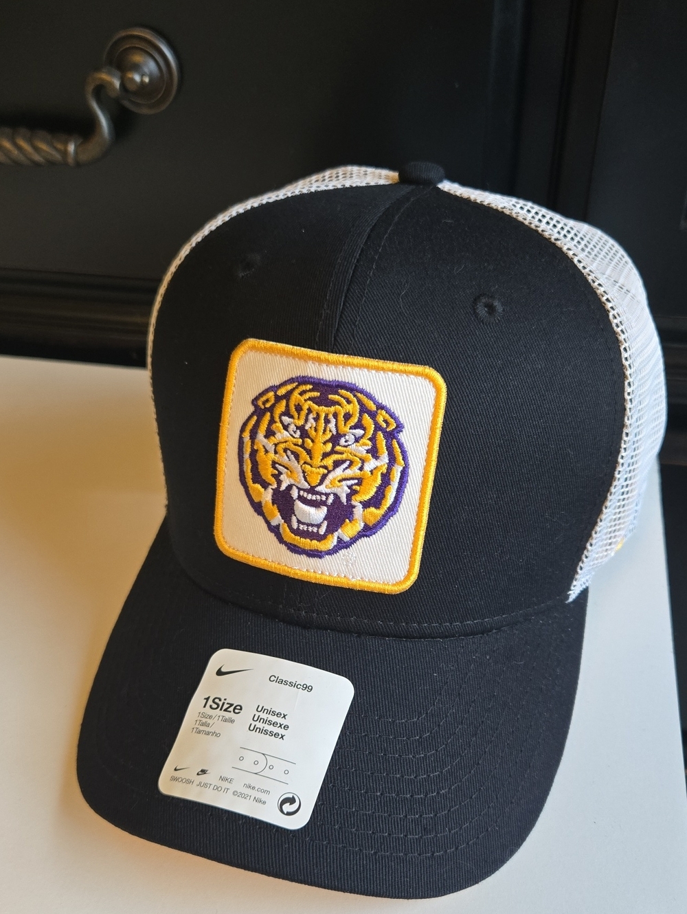 Nike Black & White Trucker Cap with Yellow and Purple Tiger Patch